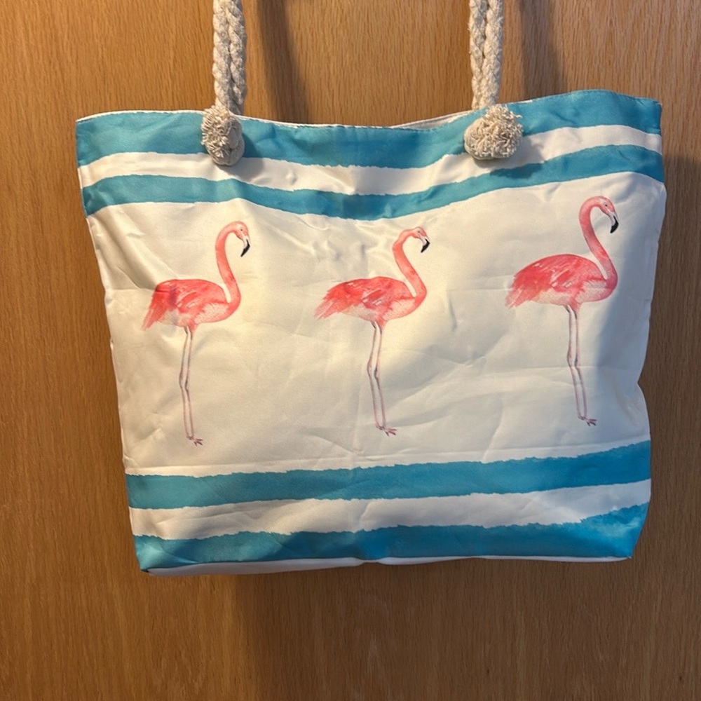 Flamingo Print Beach Tote Bag - Pink and Blue